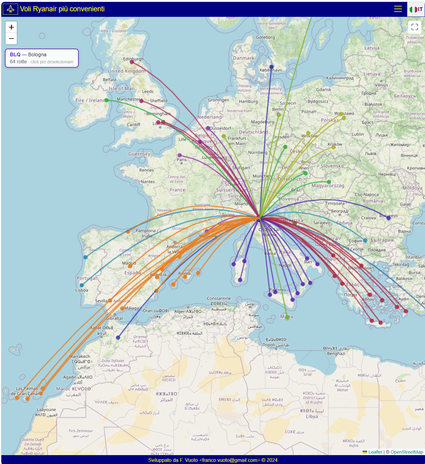 Screenshot della mappa aeroporti con un aeroporto selezionato e le rotte evidenziate