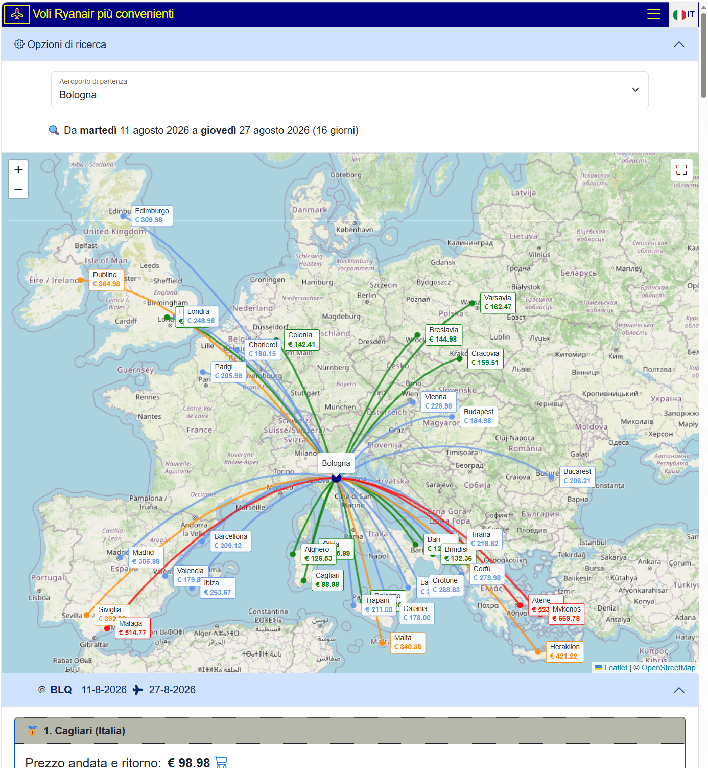 Screenshot della pagina Fuga con la mappa dei voli e la lista dei prezzi andata/ritorno
