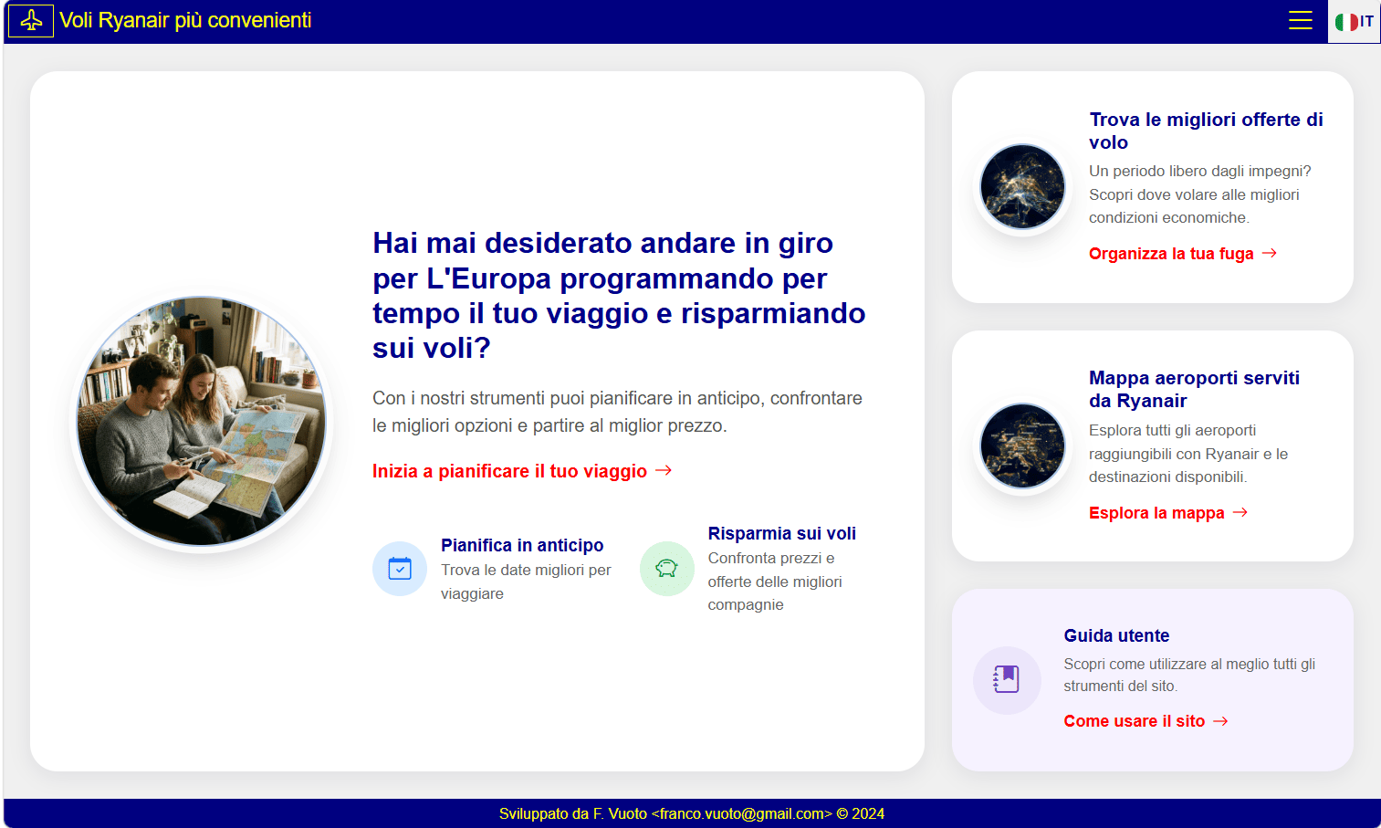 Screenshot della home page con la scheda Pianifica e le schede Fuga, Mappa aeroporti e Guida utente